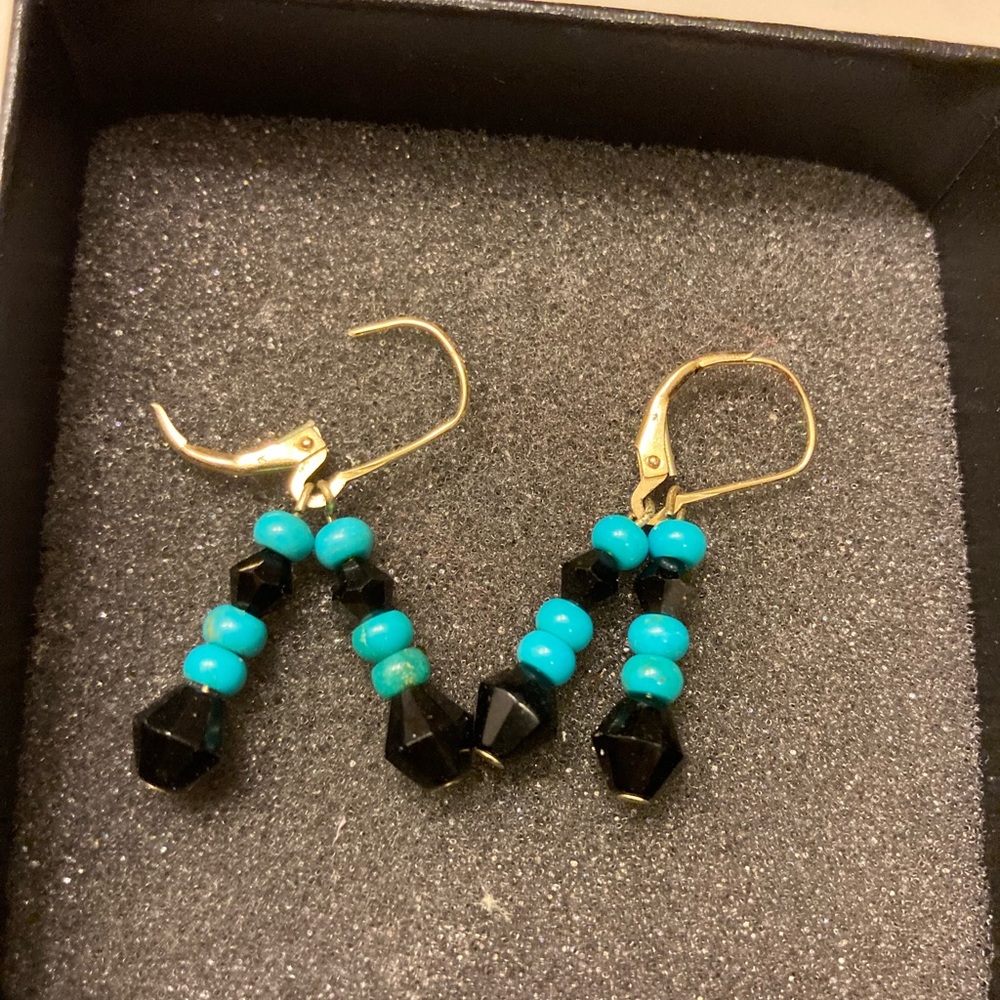 HANDMADE GENUINE TURQUOISE & CRYSTAL EARRINGS - EUC